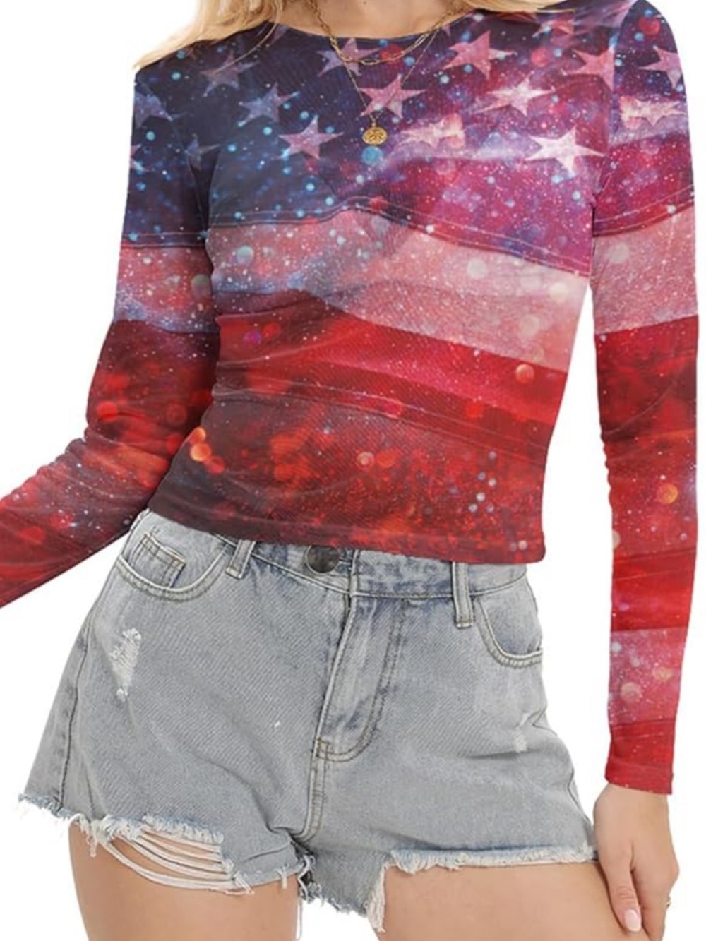 Long Sleeve American Flag Print Sheer Top - Red/Blue